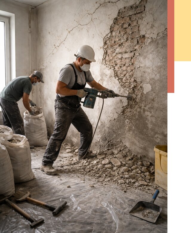 Демонтаж штукатурки со стен в Нововоронеже от 7286 руб/м² — быстро и недорого | ОТДЕЛОЧНИК-Нвв