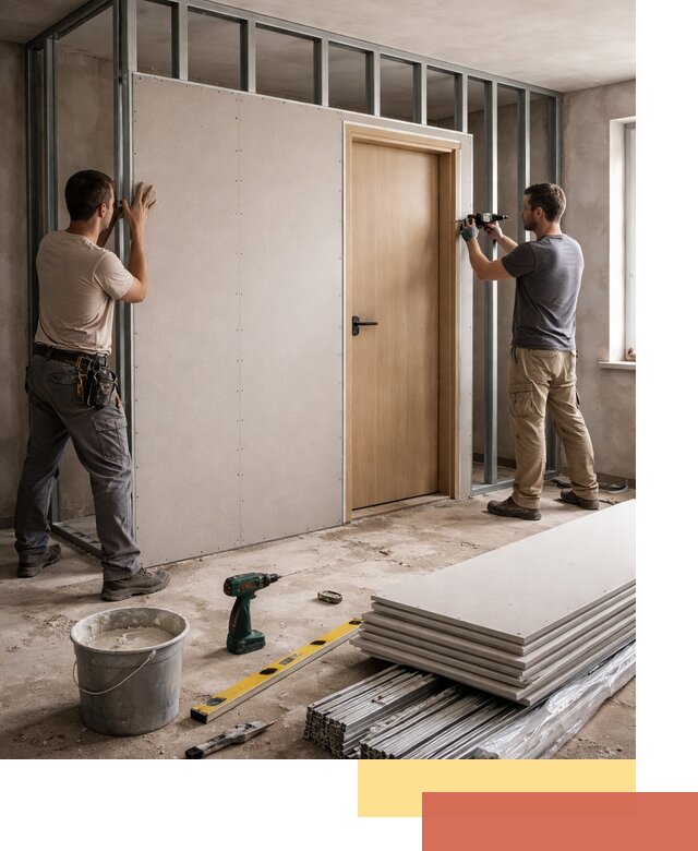 Перегородка из гипсокартона с дверью под ключ в Нововоронеже