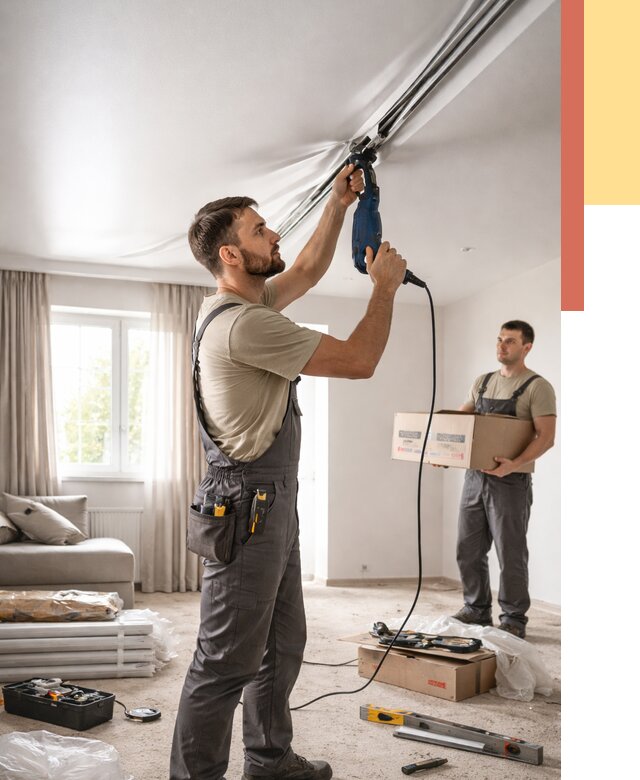 Монтаж сатинового натяжного потолка в Нововоронеже от 3542 руб. | Быстро, недорого — ОТДЕЛОЧНИК-Нвв