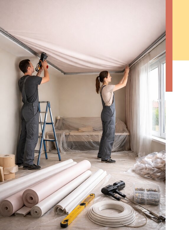 Монтаж цветного натяжного потолка в Нововоронеже от 4250 руб/м² — быстро и недорого | ОТДЕЛОЧНИК-Нвв