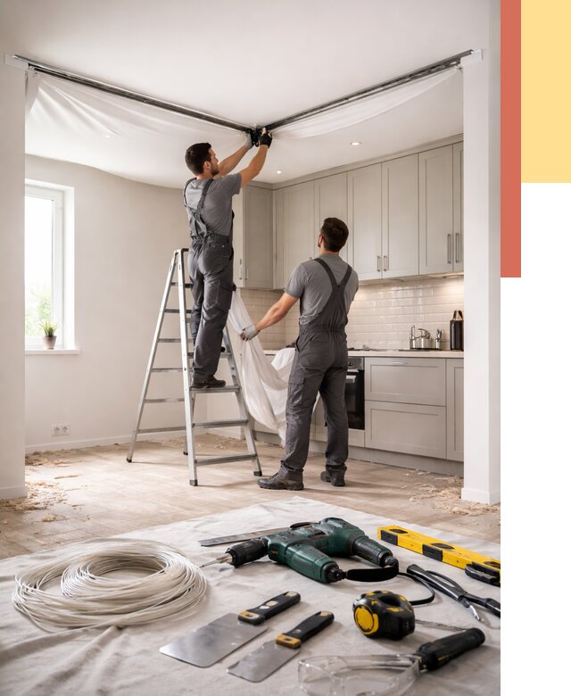 Установка натяжного потолка на кухне в Нововоронеже от 2429 руб. | ОТДЕЛОЧНИК-Нвв