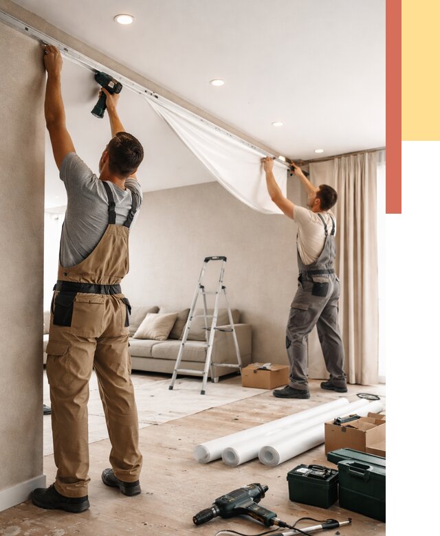 Монтаж натяжного потолка в гостиной в Нововоронеже от 557 руб. | ОТДЕЛОЧНИК-Нвв