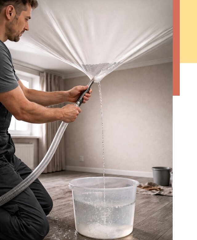 Слив воды с натяжного потолка в Нововоронеже от 2530 руб. быстро и недорого | ОТДЕЛОЧНИК-Нвв